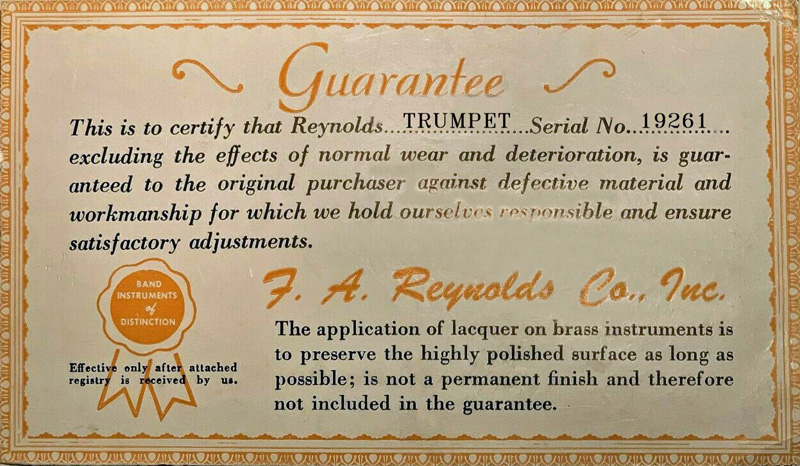 Reynolds Trumpet Warranty Card